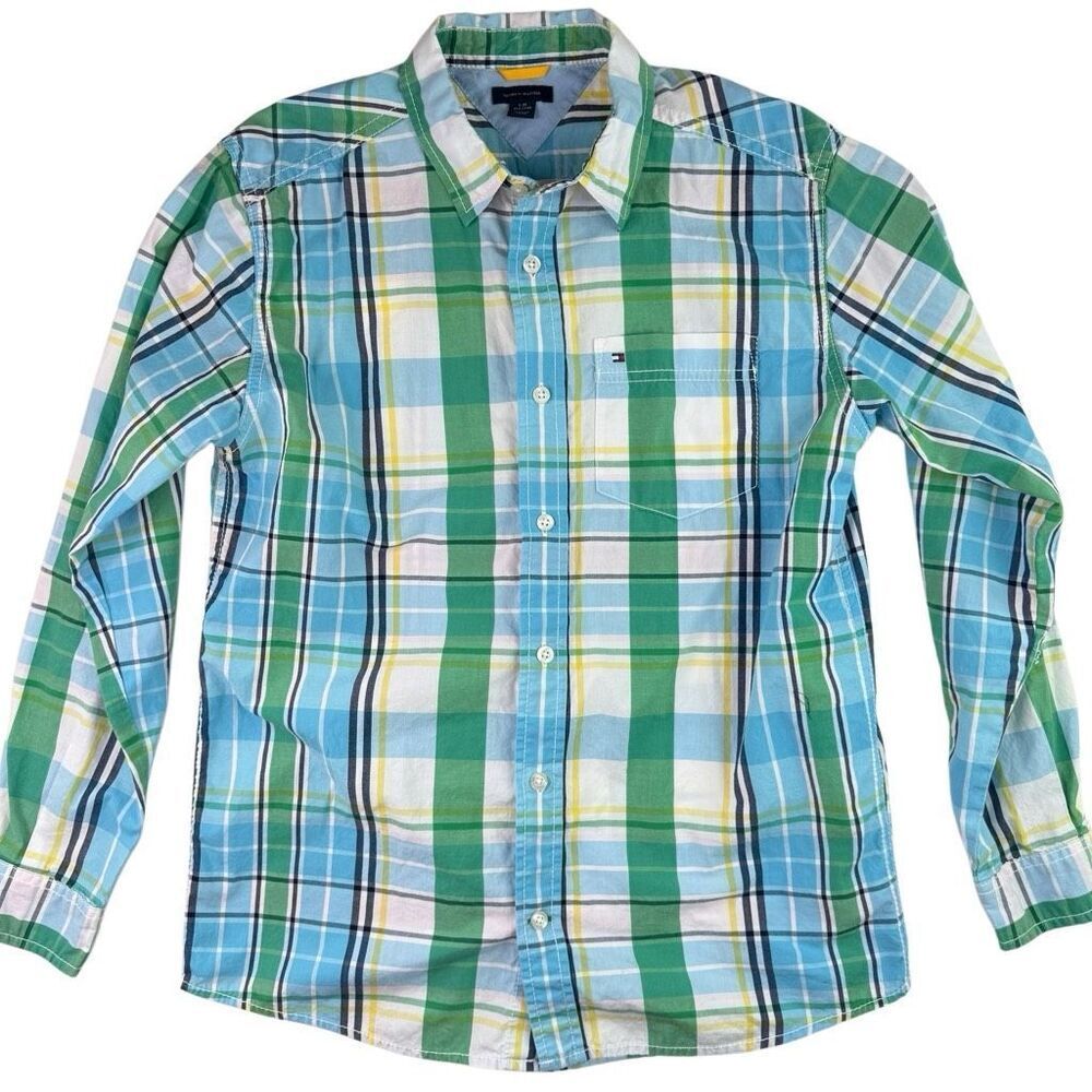 Tommy Hilfiger Blue Plaid Button Down Shirt Boys Size Large Cotton Long Sleeve